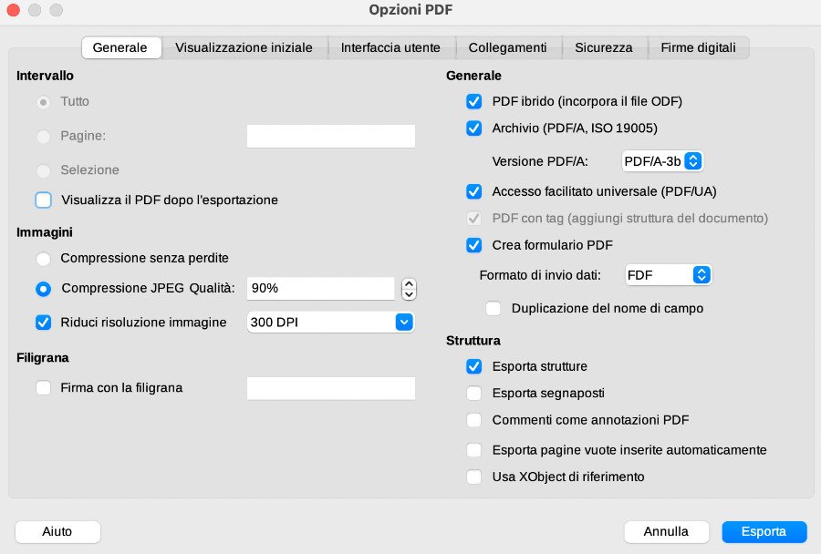Come creare PDFA su LibreOffice Interfaccia Opzioni PDF Generale