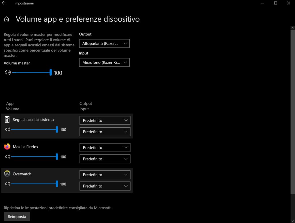Windows 10 Opzioni mixer audio Volume app e preferenze audio Impostazioni