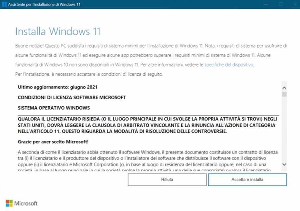 Assistente per linstallazione di Windows 11 Accetta e installa o rifiuta